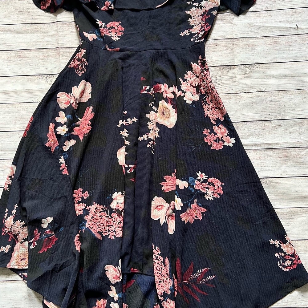AX Paris | Navy Floral Cutout Handkerchief Dress - Picture 3 of 6